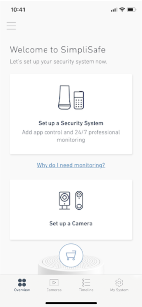 SimpliSafe App Ultimate Guide 9 Home screen for SimpliSafe® Mobile App with Set up Security System and Set up a Camera options