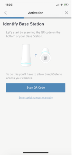 SimpliSafe App Ultimate Guide 10 Identify Base Station screen in SimpliSafe® Mobile App activation with Scan QR code button